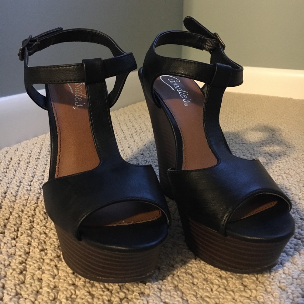 Black Peep Toe Wedge Sandals